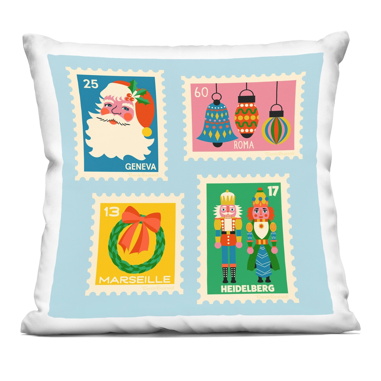 Stupell Industries Vintage Christmas Postage Stamps Decorative Printed Pillow design by Carrie Cantwell, 18 x 7 x 18